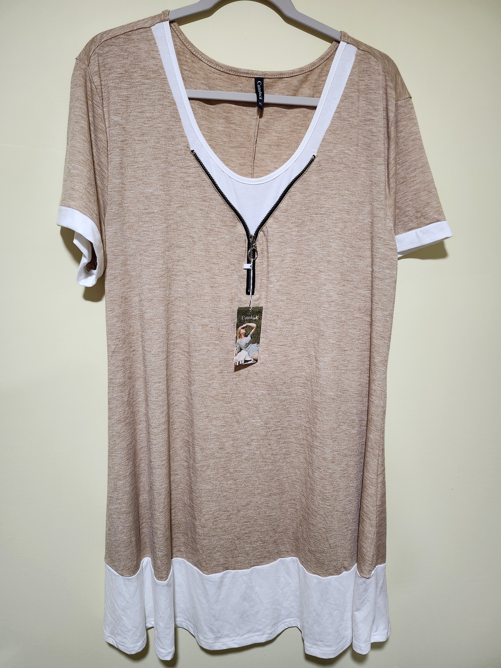 Women's Beige Long Tunic Top with Functional Decorative Zipper
